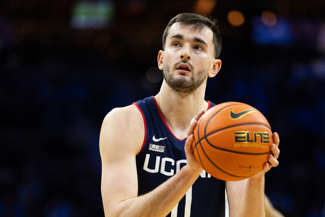 Jan 20, 2024; Philadelphia, Pennsylvania, USA; Connecticut Huskies forward Alex Karaban (11) during the first half against the Villanova Wildcats at Wells Fargo Center. Mandatory Credit: Bill Streicher-USA TODAY Sports