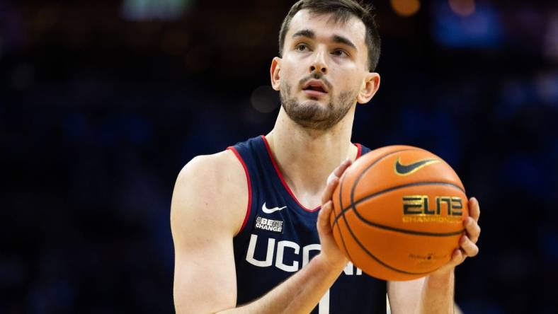 Jan 20, 2024; Philadelphia, Pennsylvania, USA; Connecticut Huskies forward Alex Karaban (11) during the first half against the Villanova Wildcats at Wells Fargo Center. Mandatory Credit: Bill Streicher-USA TODAY Sports