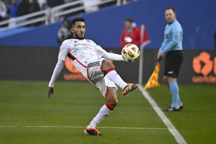 Jan 22, 2024; Dallas, TX, USA; FC Dallas forward Jesus Ferreira (10) attempts to keep the ball in bounds Monday during the first half at Cotton Bowl Stadium. Mandatory Credit: Jerome Miron-USA TODAY Sports