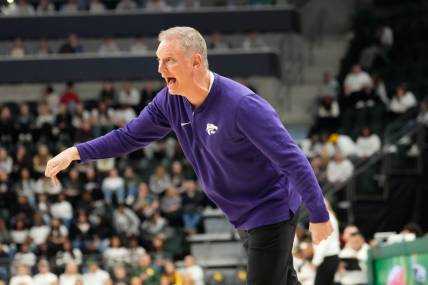 Jan 22, 2024; Waco, Texas, USA; Kansas State Wildcats head coach Jeff Mittie reacts against the Baylor Lady Bears during the first half at Paul and Alejandra Foster Pavilion. Mandatory Credit: Chris Jones-USA TODAY Sports