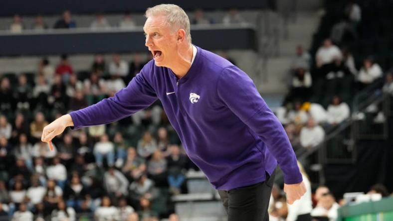 Jan 22, 2024; Waco, Texas, USA; Kansas State Wildcats head coach Jeff Mittie reacts against the Baylor Lady Bears during the first half at Paul and Alejandra Foster Pavilion. Mandatory Credit: Chris Jones-USA TODAY Sports