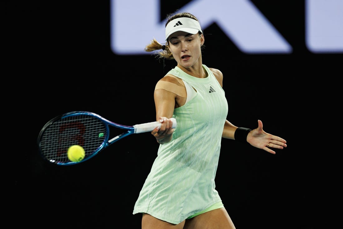 Jan 24, 2024; Melbourne, Victoria, Australia;  
Anna Kalinskaya of Russia in action during her match against Qinwen Zheng of China in the quarter final of the women   s singles at the Australian Open.
Mandatory Credit: Mike Frey-USA TODAY Sports