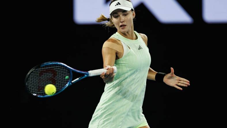 Jan 24, 2024; Melbourne, Victoria, Australia;  
Anna Kalinskaya of Russia in action during her match against Qinwen Zheng of China in the quarter final of the women   s singles at the Australian Open.
Mandatory Credit: Mike Frey-USA TODAY Sports