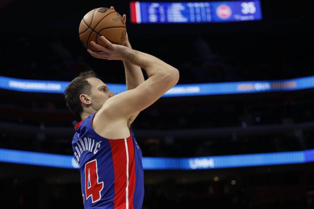 Jan 24, 2024; Detroit, Michigan, USA;  Detroit Pistons forward Bojan Bogdanovic (44) shoots in the first half against the Charlotte Hornets at Little Caesars Arena. Mandatory Credit: Rick Osentoski-USA TODAY Sports