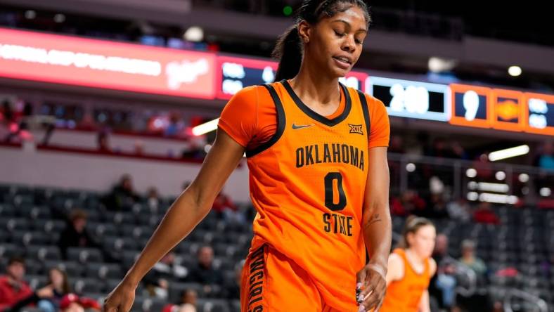 Oklahoma State Cowgirls guard Quincy Noble (0) reacts during the NCAA women   s basketball game between the Cincinnati Bearcats and Oklahoma State Cowgirls on Wednesday, Jan. 24, 2024, at Fifth Third Arena in Cincinnati.