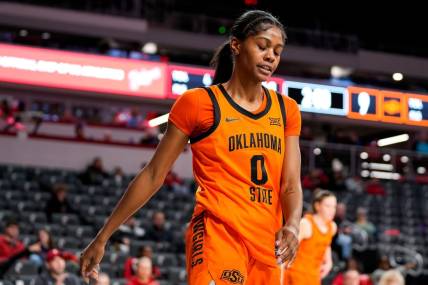 Oklahoma State Cowgirls guard Quincy Noble (0) reacts during the NCAA women   s basketball game between the Cincinnati Bearcats and Oklahoma State Cowgirls on Wednesday, Jan. 24, 2024, at Fifth Third Arena in Cincinnati.