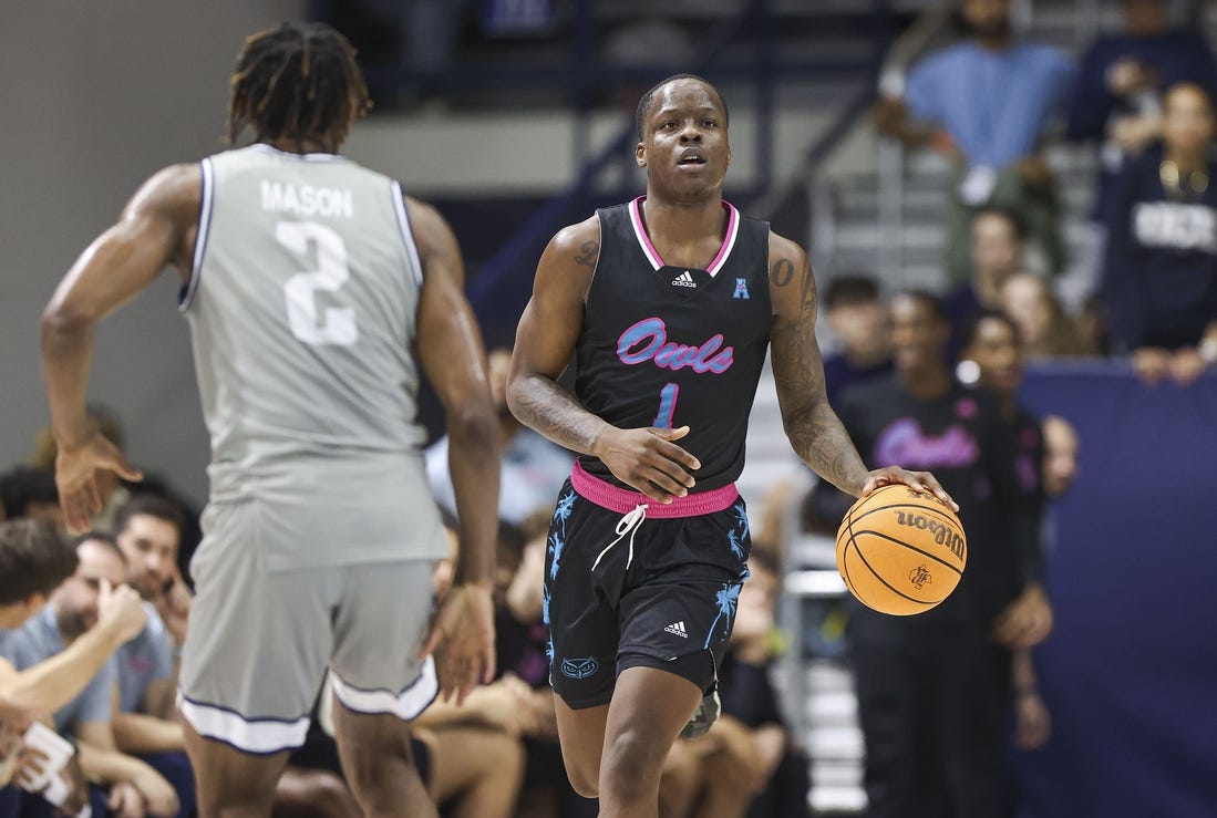 Jan 24, 2024; Houston, Texas, USA; Florida Atlantic Owls guard Johnell Davis (1) brings the ball up the court as Rice Owls guard Mekhi Mason (2) defends during the first half at Tudor Fieldhouse. Mandatory Credit: Troy Taormina-USA TODAY Sports