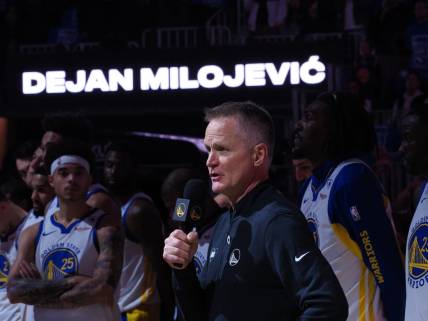 Jan 24, 2024; San Francisco, California, USA; Golden State Warriors head coach Steve Kerr speaks about the late assistant coach Dejan Milojevic before a game against the Atlanta Hawks at Chase Center. Mandatory Credit: Kelley L Cox-USA TODAY Sports