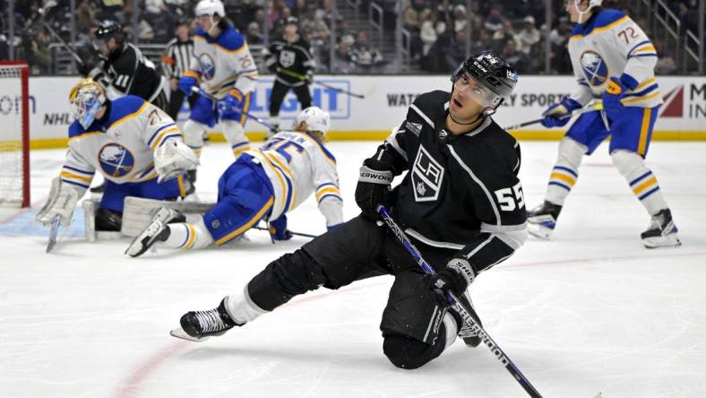 Jan 24, 2024; Los Angeles, California, USA; Los Angeles Kings right wing Quinton Byfield (55) reacts after a save off a shot on goal by Buffalo Sabres goaltender Devon Levi (27) in the second period at Crypto.com Arena. Mandatory Credit: Jayne Kamin-Oncea-USA TODAY Sports