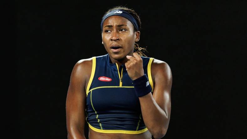 Jan 25, 2024; Melbourne, Victoria, Australia; 
Coco Gauff of the United States celebrates against Aryna Sabalenka of Belarus in the semi-final of the women s singles at the Australian Open. Mandatory Credit: Mike Frey-USA TODAY Sports