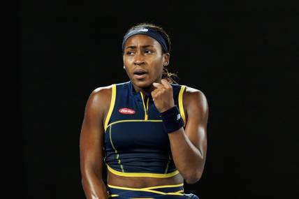 Jan 25, 2024; Melbourne, Victoria, Australia; 
Coco Gauff of the United States celebrates against Aryna Sabalenka of Belarus in the semi-final of the women s singles at the Australian Open. Mandatory Credit: Mike Frey-USA TODAY Sports