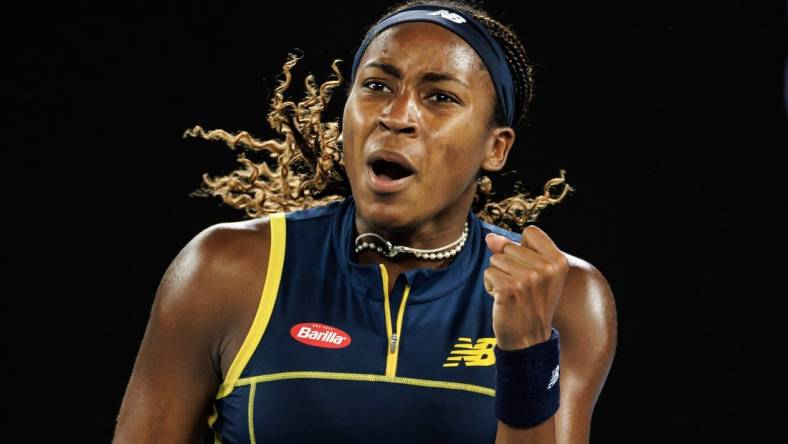 Jan 25, 2024; Melbourne, Victoria, Australia; 
Coco Gauff of the United States celebrates against Aryna Sabalenka of Belarus in the semi-final of the women s singles at the Australian Open. Mandatory Credit: Mike Frey-USA TODAY Sports