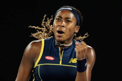 Jan 25, 2024; Melbourne, Victoria, Australia; 
Coco Gauff of the United States celebrates against Aryna Sabalenka of Belarus in the semi-final of the women s singles at the Australian Open. Mandatory Credit: Mike Frey-USA TODAY Sports