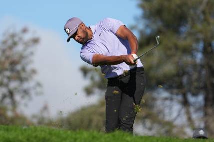 Jan 25, 2024; San Diego, California, USA; Tony Finau hits his tee shot on the eighth hole during the second round of the Farmers Insurance Open golf tournament at Torrey Pines Municipal Golf Course - North Course. Mandatory Credit: Ray Acevedo-USA TODAY Sports
