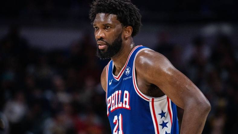 Jan 25, 2024; Indianapolis, Indiana, USA; Philadelphia 76ers center Joel Embiid (21) looks on in the first half against the Indiana Pacers at Gainbridge Fieldhouse. Mandatory Credit: Trevor Ruszkowski-USA TODAY Sports