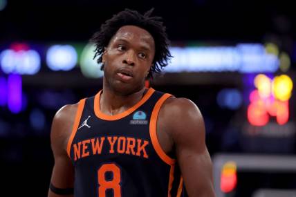 Jan 25, 2024; New York, New York, USA; New York Knicks forward OG Anunoby (8) during the third quarter against the Denver Nuggets at Madison Square Garden. Mandatory Credit: Brad Penner-USA TODAY Sports