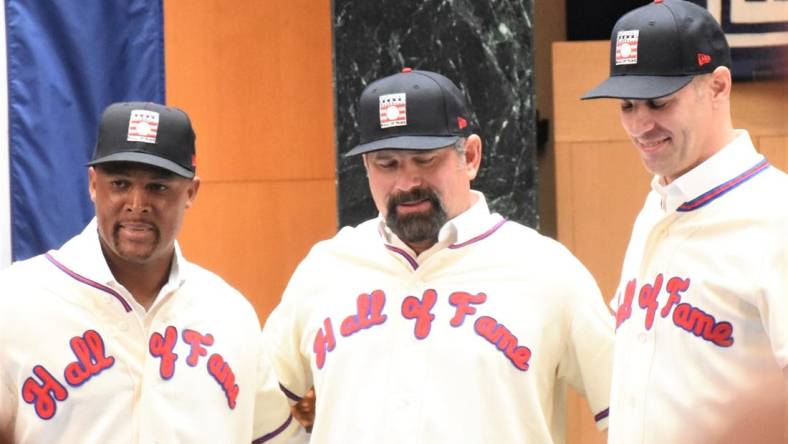 Adrian Beltre, Todd Helton and Joe Mauer (from left) visited the National Baseball Hall of Fame's plaque gallery in Cooperstown, New York, Thursday, Jan. 25, 2024, as the museum's newest electees. The trio's selection was announced Tuesday by the Baseball Writers Association of America.