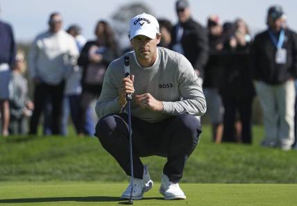 Jan 26, 2024; San Diego, California, USA; Thomas Detry lines up a putt on the second green during the third round of the Farmers Insurance Open golf tournament at Torrey Pines Municipal Golf Course - South Course. Mandatory Credit: Ray Acevedo-USA TODAY Sports