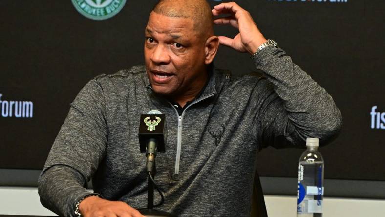 Jan 27, 2024; Milwaukee, WI, USA;  Doc Rivers speaks at a press conference where he was introduce as the new head coach of the Milwaukee Bucks at the Fiserv Forum. Mandatory Credit: Benny Sieu-USA TODAY Sports