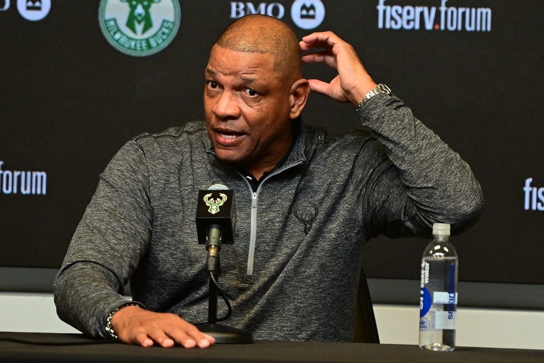 Jan 27, 2024; Milwaukee, WI, USA;  Doc Rivers speaks at a press conference where he was introduce as the new head coach of the Milwaukee Bucks at the Fiserv Forum. Mandatory Credit: Benny Sieu-USA TODAY Sports
