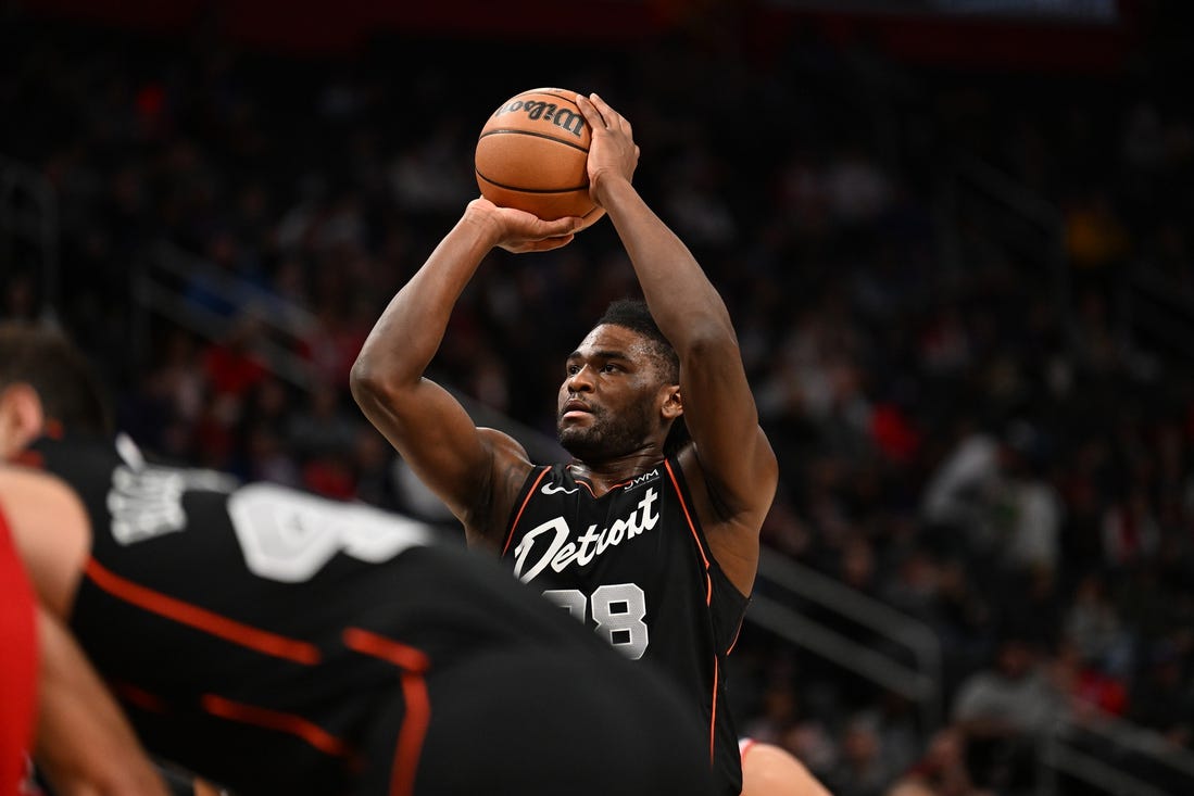 Jan 27, 2024; Detroit, Michigan, USA; Detroit Pistons center Isaiah Stewart (28) shoots a foul shot against the Washington Wizards in the first quarter at Little Caesars Arena. Mandatory Credit: Lon Horwedel-USA TODAY Sports