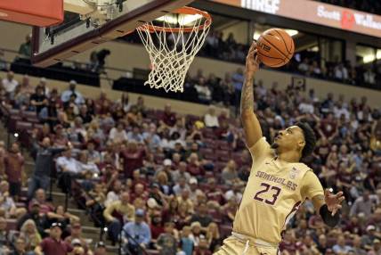 Jan 27, 2024; Tallahassee, Florida, USA; Florida State Seminoles guard Primo Spears (23) shoots the ball against the North Carolina Tarheels during the first half at Donald L. Tucker Center. Mandatory Credit: Melina Myers-USA TODAY Sports
