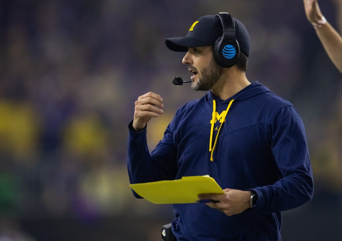 Jan 8, 2024; Houston, TX, USA; Michigan Wolverines defensive coordinator Jesse Minter against the Washington Huskies during the 2024 College Football Playoff national championship game at NRG Stadium. Mandatory Credit: Mark J. Rebilas-USA TODAY Sports