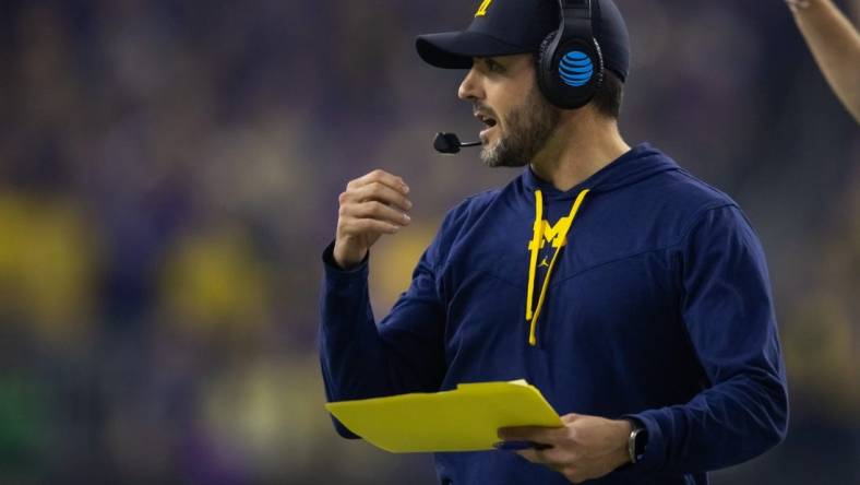 Jan 8, 2024; Houston, TX, USA; Michigan Wolverines defensive coordinator Jesse Minter against the Washington Huskies during the 2024 College Football Playoff national championship game at NRG Stadium. Mandatory Credit: Mark J. Rebilas-USA TODAY Sports