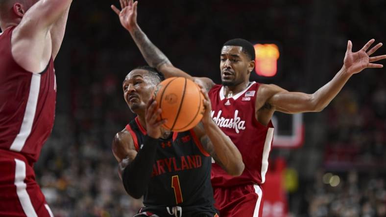 Jan 27, 2024; College Park, Maryland, USA;  Maryland Terrapins guard Jahmir Young (1) makes a move in the paint during the second half against the Nebraska Cornhuskers at Xfinity Center. Mandatory Credit: Tommy Gilligan-USA TODAY Sports