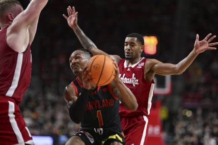 Jan 27, 2024; College Park, Maryland, USA;  Maryland Terrapins guard Jahmir Young (1) makes a move in the paint during the second half against the Nebraska Cornhuskers at Xfinity Center. Mandatory Credit: Tommy Gilligan-USA TODAY Sports