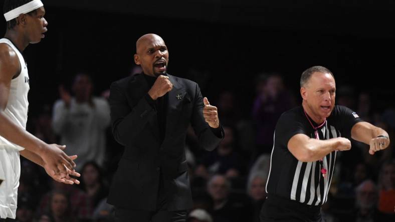 Jan 27, 2024; Nashville, Tennessee, USA; Vanderbilt Commodores head coach Jerry Stackhouse reacts after a Tennessee Volunteers turnover during the first half at Memorial Gymnasium. Mandatory Credit: Christopher Hanewinckel-USA TODAY Sports