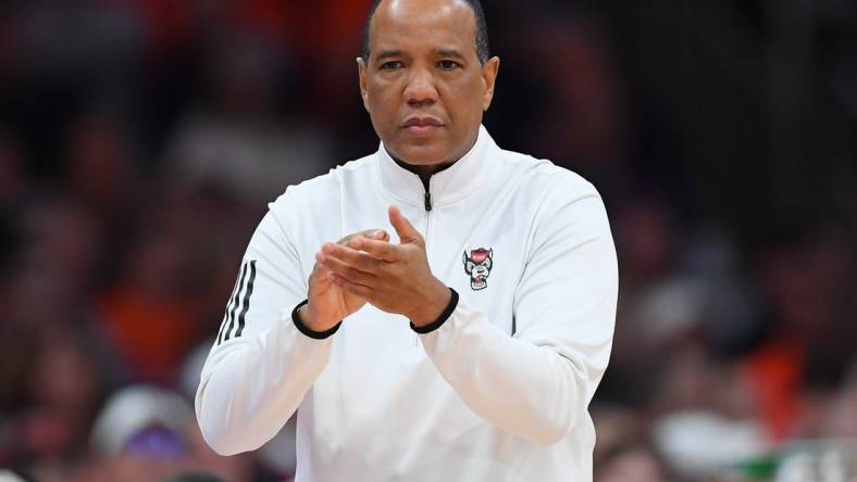 Jan 27, 2024; Syracuse, New York, USA; North Carolina State Wolfpack head coach Kevin Keatts looks on against the Syracuse Orange during the first half at the JMA Wireless Dome. Mandatory Credit: Rich Barnes-USA TODAY Sports