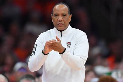 Jan 27, 2024; Syracuse, New York, USA; North Carolina State Wolfpack head coach Kevin Keatts looks on against the Syracuse Orange during the first half at the JMA Wireless Dome. Mandatory Credit: Rich Barnes-USA TODAY Sports