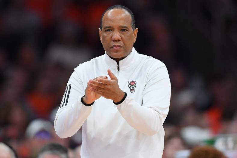 Jan 27, 2024; Syracuse, New York, USA; North Carolina State Wolfpack head coach Kevin Keatts looks on against the Syracuse Orange during the first half at the JMA Wireless Dome. Mandatory Credit: Rich Barnes-USA TODAY Sports