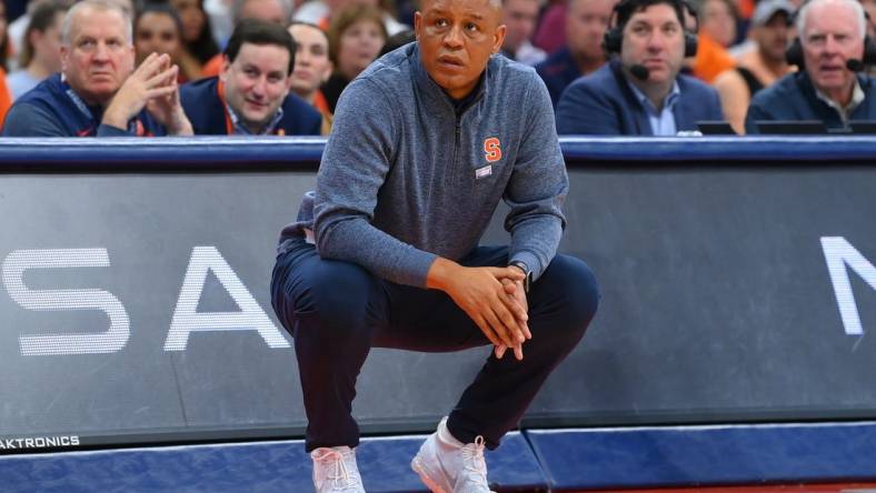 Jan 27, 2024; Syracuse, New York, USA; Syracuse Orange head coach Adrian Autry looks on against the North Carolina State Wolfpack during the second half at the JMA Wireless Dome. Mandatory Credit: Rich Barnes-USA TODAY Sports