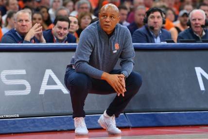 Jan 27, 2024; Syracuse, New York, USA; Syracuse Orange head coach Adrian Autry looks on against the North Carolina State Wolfpack during the second half at the JMA Wireless Dome. Mandatory Credit: Rich Barnes-USA TODAY Sports