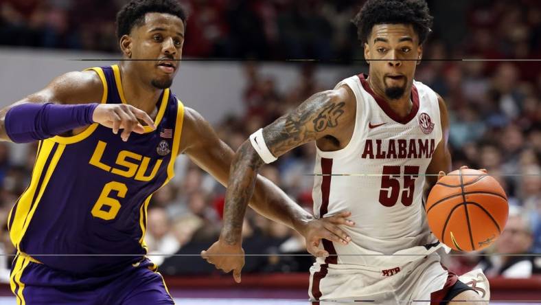 Jan 27, 2024; Tuscaloosa, Alabama, USA;  Alabama Crimson Tide guard Aaron Estrada (55) dribbles around LSU Tigers guard Jordan Wright (6) during the second half at Coleman Coliseum. Mandatory Credit: Butch Dill-USA TODAY Sports