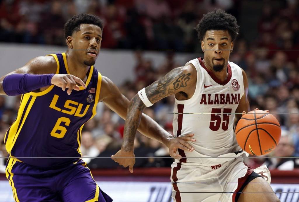 Jan 27, 2024; Tuscaloosa, Alabama, USA;  Alabama Crimson Tide guard Aaron Estrada (55) dribbles around LSU Tigers guard Jordan Wright (6) during the second half at Coleman Coliseum. Mandatory Credit: Butch Dill-USA TODAY Sports