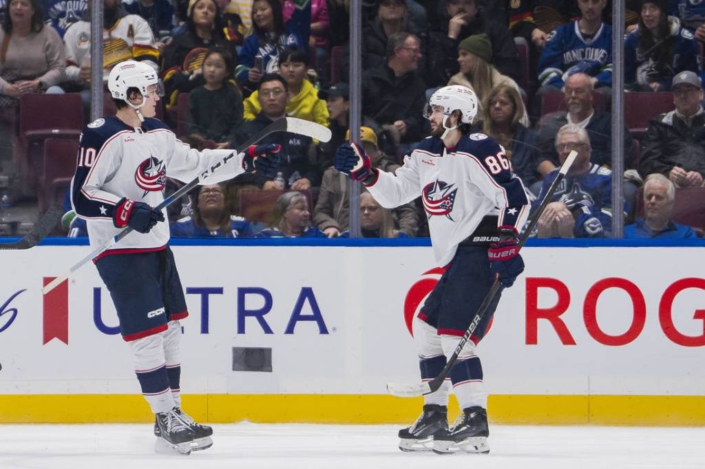 Jan 27, 2024; Vancouver, British Columbia, CAN; Columbus Blue Jackets forward Dmitri Voronkov (10) and forward Kirill Marchenko (86) celebrate Marchenko   s goal against the Vancouver Canucks in the second period at Rogers Arena. Mandatory Credit: Bob Frid-USA TODAY Sports