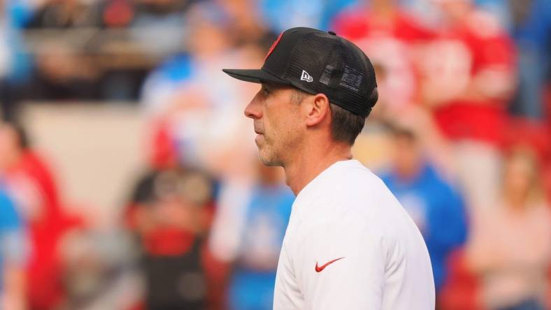 Jan 28, 2024; Santa Clara, California, USA; San Francisco 49ers head coach Kyle Shanahan looks on before the NFC Championship football game against the Detroit Lions at Levi's Stadium. Mandatory Credit: Kelley L Cox-USA TODAY Sports