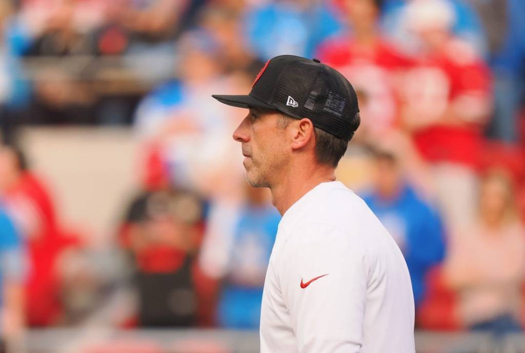 Jan 28, 2024; Santa Clara, California, USA; San Francisco 49ers head coach Kyle Shanahan looks on before the NFC Championship football game against the Detroit Lions at Levi's Stadium. Mandatory Credit: Kelley L Cox-USA TODAY Sports