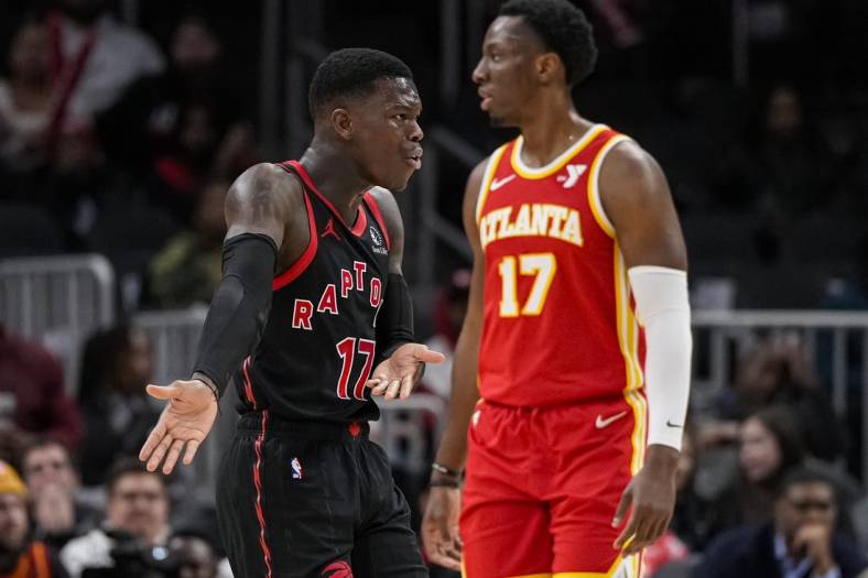 Jan 28, 2024; Atlanta, Georgia, USA; Toronto Raptors guard Dennis Schroder (17) reacts after being called for a charge after running into Atlanta Hawks guard Patty Mills (8) (not shown) during the first half at State Farm Arena. Mandatory Credit: Dale Zanine-USA TODAY Sports