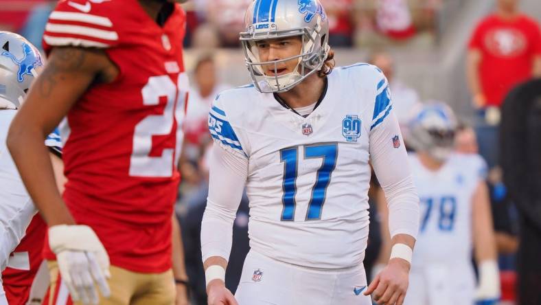 Jan 28, 2024; Santa Clara, California, USA; Detroit Lions place kicker Michael Badgley (17) reacts after a play against the San Francisco 49ers during the first half of the NFC Championship football game at Levi's Stadium. Mandatory Credit: Kelley L Cox-USA TODAY Sports