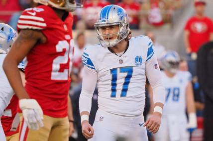 Jan 28, 2024; Santa Clara, California, USA; Detroit Lions place kicker Michael Badgley (17) reacts after a play against the San Francisco 49ers during the first half of the NFC Championship football game at Levi's Stadium. Mandatory Credit: Kelley L Cox-USA TODAY Sports