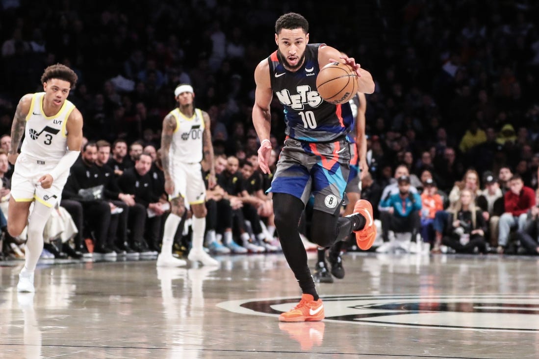 Jan 29, 2024; Brooklyn, New York, USA;  Brooklyn Nets guard Ben Simmons (10) brings the ball up court in the third quarter against the Utah Jazz at Barclays Center. Mandatory Credit: Wendell Cruz-USA TODAY Sports