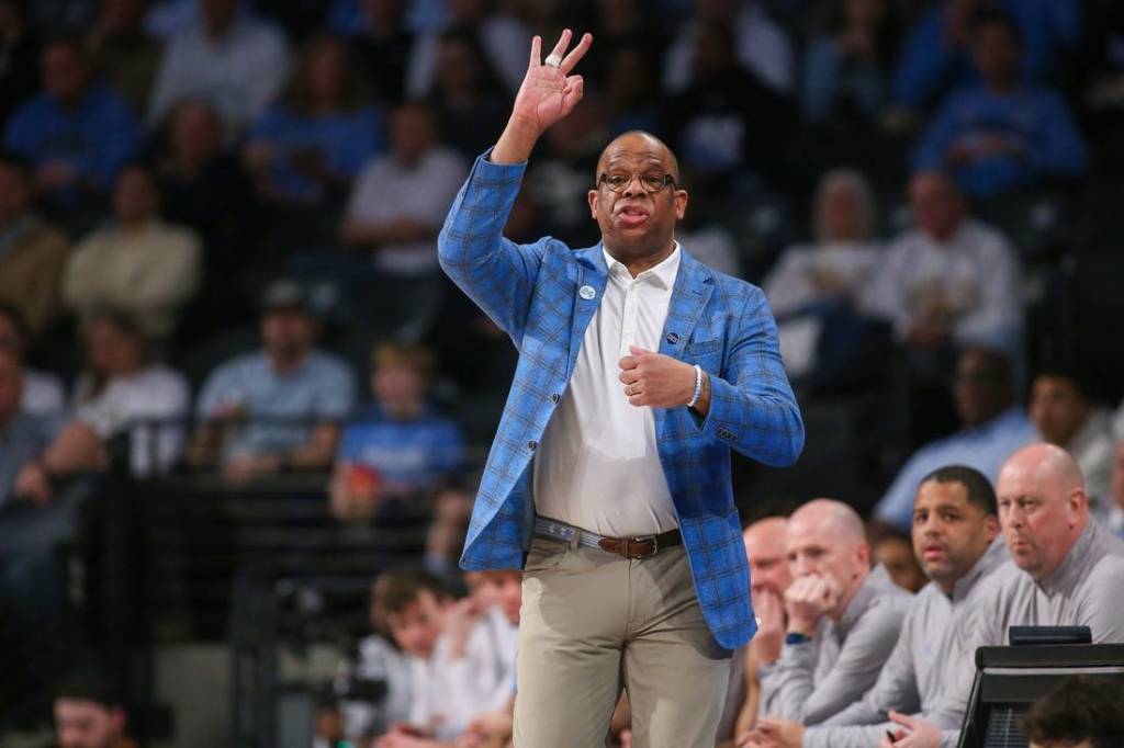 Jan 30, 2024; Atlanta, Georgia, USA; North Carolina Tar Heels head coach Hubert Davis calls a play against the Georgia Tech Yellow Jackets in the first half at McCamish Pavilion. Mandatory Credit: Brett Davis-USA TODAY Sports