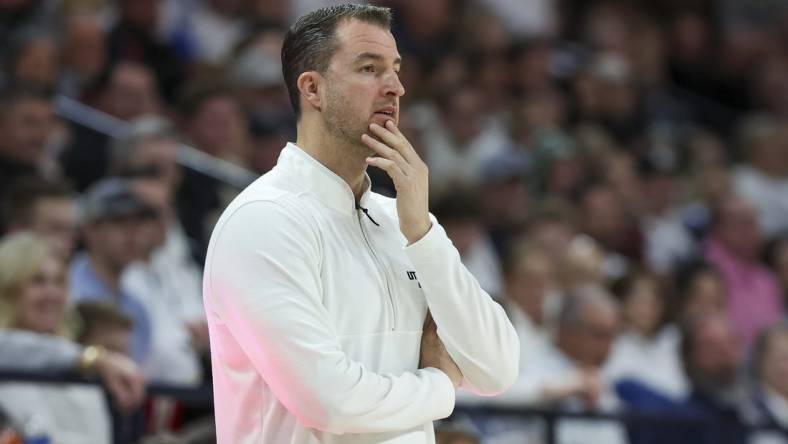 Jan 30, 2024; Logan, Utah, USA; Utah State Aggies head coach Danny Sprinkle looks on during the first half against the San Jose State Spartans at Dee Glen Smith Spectrum. Mandatory Credit: Rob Gray-USA TODAY Sports