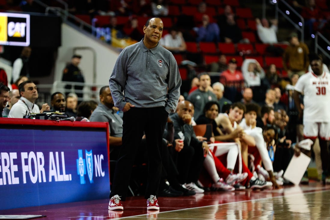 Jan 30, 2024; Raleigh, North Carolina, USA; North Carolina State Wolfpack head coach Kevin Keatts looks on during the second half against Miami (Fl) Hurricanes at PNC Arena. Mandatory Credit: Jaylynn Nash-USA TODAY Sports