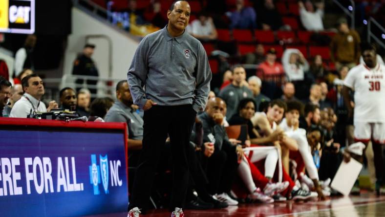 Jan 30, 2024; Raleigh, North Carolina, USA; North Carolina State Wolfpack head coach Kevin Keatts looks on during the second half against Miami (Fl) Hurricanes at PNC Arena. Mandatory Credit: Jaylynn Nash-USA TODAY Sports