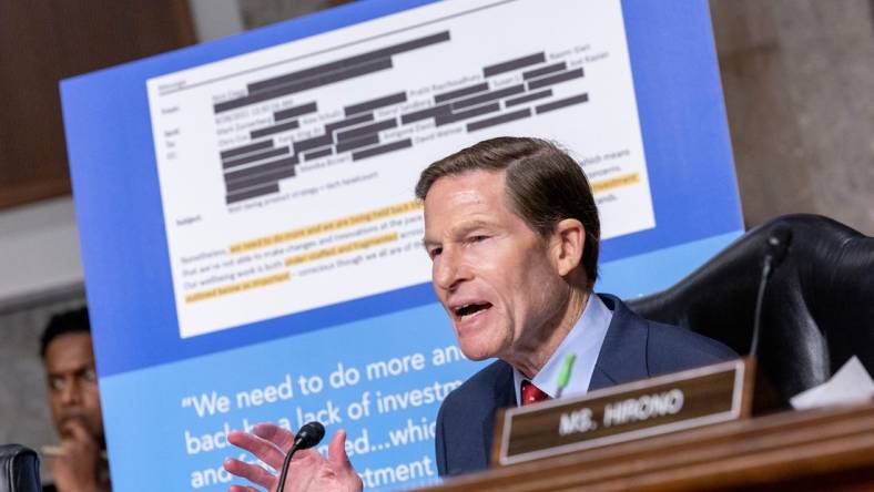 Sen. Richard Blumenthal, R-CT, displays a sign with a redacted email from a Meta employee during a Senate Judiciary Committee hearing about Big Tech and the Online Child Sexual Exploitation Crisis on January 31, 2024, at Capitol Hill in Washington, DC.